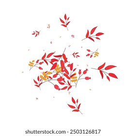 Yellow Leaf Background White Vector. Berries Gradation Texture. Green Foliage November. Silhouette Card. Herb Image.