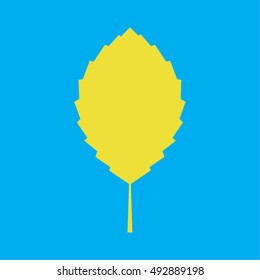 Yellow leaf isolated on blue background. Vector illustration.