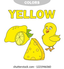 Yellow. Learn the color. Education set. Illustration of primary colors. Vector illustration - lemon, chick, cheese