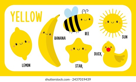 Yellow. Learn the color. Kids education flashcard set. Lemon Banana Bee insect Star Sun Duck bird icon. Preschool game activity. Cute cartoon kawaii character. Flat design. White background. Vector