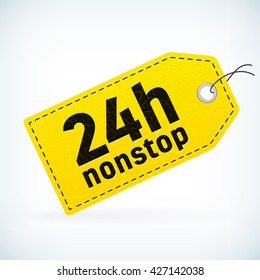 Yellow leather business vector label 24h nonstop. Business detailed vector label with opening hour text. Isolated from background. Editable business tag.