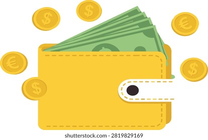 Yellow leather wallet overflowing with green banknotes and surrounded by floating dollar and euro coins on a white background