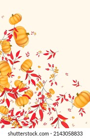 Yellow Leaves Background Beige Vector. Pumpkin Image. Gold Park Banner. Healthy Illustration. Burgundy Plant Collection Frame.