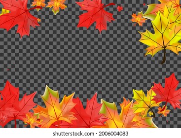 Yellow Leaves Background Transparent Vector. Floral September Card. Orange Decor Foliage. Realistic Plant Template.