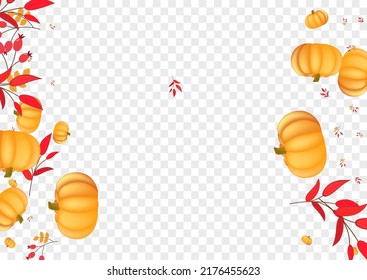 Yellow Leaves Background Transparent Vector. Red Food Texture. Gold Plant Wallpaper Banner. Pumpkin Collection. Print Border.