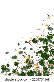 Yellow Leaves Background White Vector. Hibiscus Jungle Card. Light Green Tree. Realistic Backdrop. Pink Print Design.