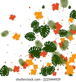 Yellow Leaves Background White Vector. Plant Resort Frame. Green Hibiscus. Color Backdrop. Red Hawaii Illustration.