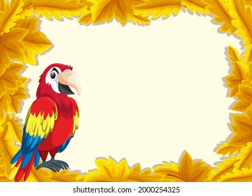 Yellow leaves banner template with parrot bird cartoon character illustration