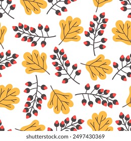 Hojas y bayas amarillas. Patrón sin fisuras de hojas amarillas y bayas rojo-negro sobre fondo blanco. Ilustración vectorial para estampados de telas, Fondos de pantalla y proyectos creativos con temática otoñal