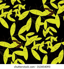  	Yellow leaves and brown lines on a black background.
