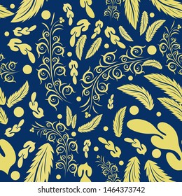 yellow leaves of different types on a blue background. seamless plant pattern. vector