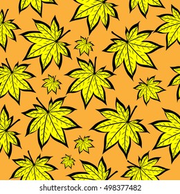 Yellow leaves fall on orange background. Seamless pattern