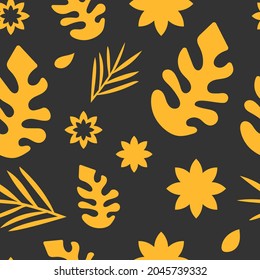 Yellow leaves on a gray background. Seamless vector pattern.