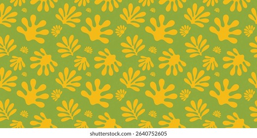 Yellow Leaves on Green Seamless Pattern, Abstract Summer Tropical Background, Matisse Inspired Leaf Pattern, Retro Botanical Seamless Design, Hand Drawn Tropical Foliage Print, Summer Pattern Designs