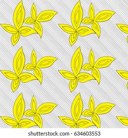 Yellow leaves on lined background hand drawn pattern. Abstract design  for fabrics, clothes.
