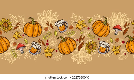 Yellow leaves and ripe pumpkins on an Autumnal seasonal seamless border background. Harvest and Thanksgiving concept