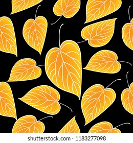 Yellow leaves seamless pattern. Black vector autumn background
