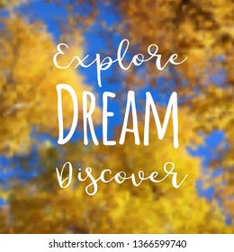 Yellow leaves trees and blue sky vector blurred background with text design