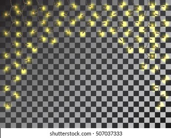 Yellow LED Light Glowing Christmas Garland on transparent background. Vector detailed element to decorate the house facade, window or wall.