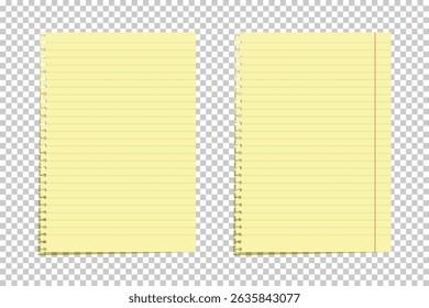 Yellow legal pad pages with ruled lines and spiral notebook holes on transparent background. Stationery template for notes, office, or school use. Realistic vector illustration. - Powered by Shutterstock - Get 15% off with code: PIKWIZARD15