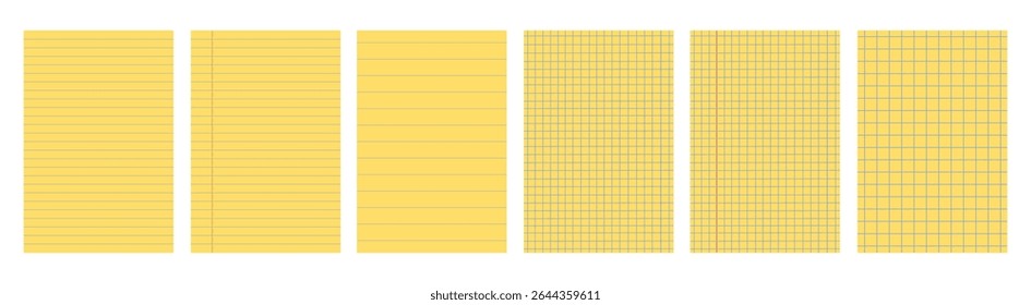 Yellow legal pad pages set with lined or grid designs, different mockup sheets of page paper