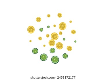 Yellow Lemon Background White Vector. Citrus Wallpaper Set. Bright Repeat Lime. Juicy Freshness Illustration.