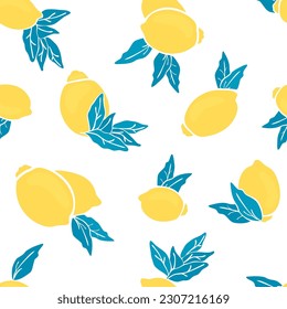 Yellow lemon and blue leaves seamless repeat pattern on white background.Whole citrus is arranged randomly.Fruits print on fabric and paper.Tropical endless wallpaper.Vector flat illustration.
