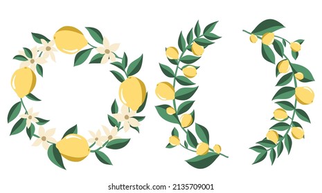Gelber Zitronenstrauß, Vektorgrafik auf weißem Hintergrund, Limonadenprodukte. Elemente für Frühjahr- und Sommerdesign.