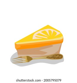 The yellow lemon cake has a golden spoon placed on the side.A sliced lemon is placed on top.Isolated vector illustration on a white background.