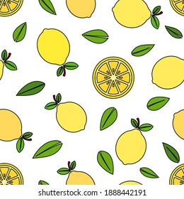 Yellow lemon cartoon vector illustration, full, slices and leaves, with black outline, over white background.