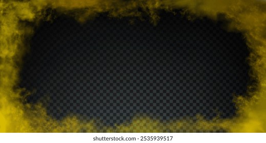 Yellow, lemon, chartreuse realistic clouds around the horizontal 2 to 1 size rectangular frame with empty space for text or inscription. Vector beautiful cloudiness isolated on transparent background.