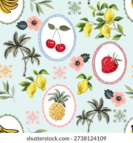 Yellow lemon, cherry berry, strawberry, banana fruit, pineapple, frames, palm trees, flowers, light blue background. Vector illustration. Seamless pattern. Summer trendy design
