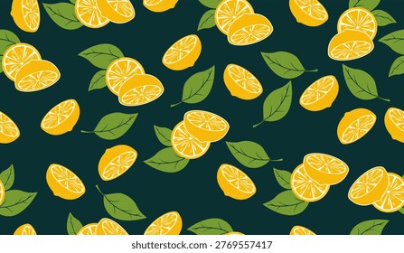 yellow lemon citrous and leaves slice seamless pattern tropical fruit vector hand drawn illustration background