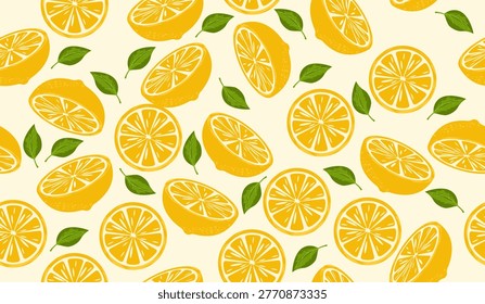 yellow lemon citrous and leaves slice seamless pattern tropical fruit vector hand drawn illustration background
