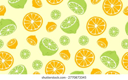 yellow lemon citrous and leaves slice seamless pattern tropical fruit vector hand drawn illustration background