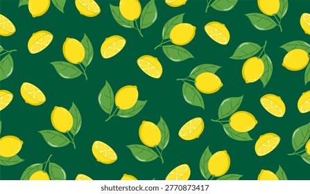 yellow lemon citrous and leaves slice seamless pattern tropical fruit vector hand drawn illustration background
