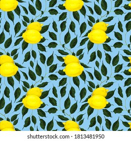 Yellow lemon citrus fruit branch with green leaves seamless pattern texture background art