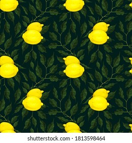 Yellow lemon citrus fruit branch with green leaves seamless pattern texture background vector art