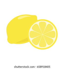 Yellow lemon citrus fruit with shadow and light reflection doodle cartoon vector illustration, isolated on white background. Whole piece and slice.