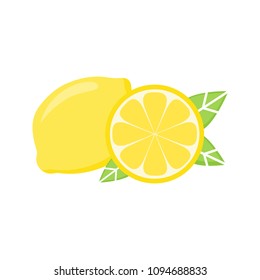 Yellow lemon citrus fruit vector illustration. Whole piece and slice of lemon with green leaves.