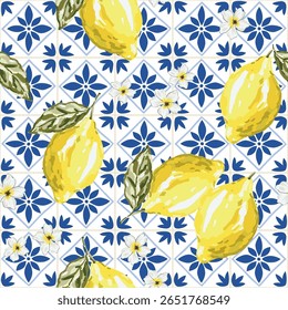 Yellow lemon citrus fruits, flowers, blue and white ceramic tile background. Vector illustration. Seamless pattern. Summer trendy design. Italian coast