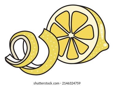 Yellow lemon and citrus fruits zest twist doodle cartoon style vector illustration. For menu, farmers market design, cocktail making process illustration, cookbook decoration etc.