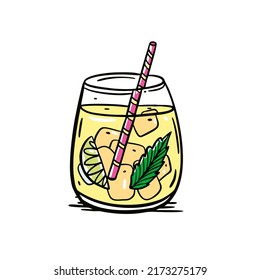 Yellow lemon cocktail or drink water. Hand drawn colorful sketch art. Doodle style vector illustration.