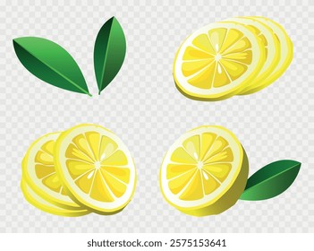 Yellow lemon, cut in half, lemon slices, leaves. Collection of vector flat illustration. EPS10 