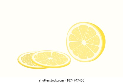 Limón amarillo cortado en dos rodajas. Ilustración plana vectorial aislada en fondo blanco.