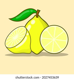 Yellow lemon eps vector illustration with shadow and yellow background. isolated lemon sliced
