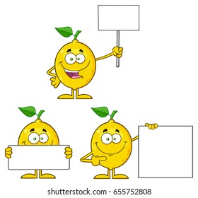 Yellow Lemon Fresh Fruit With Green Leaf Cartoon Mascot Character 2. Set Vector Collection Isolated On White Background
