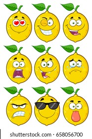 Yellow Lemon Fruit Cartoon Emoji Face Character Set 1. Vector Collection Isolated On White Background