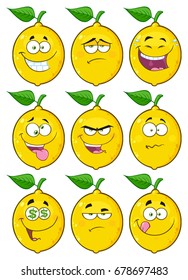 Yellow Lemon Fruit Cartoon Emoji Face Character Set 2. Vector Collection Isolated On White Background