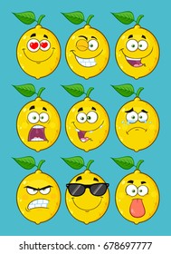  Yellow Lemon Fruit Cartoon Emoji Face Character Set 1. Vector Collection With Blue Background